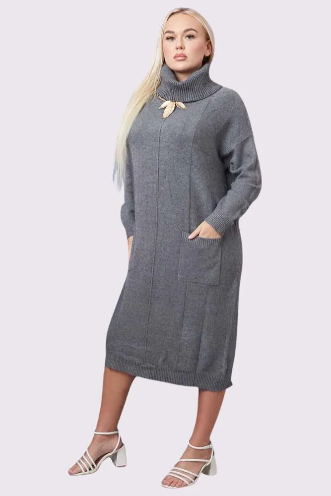 Soft Knit Pocket Ribbed Cuffed Hem Oversized Dress
