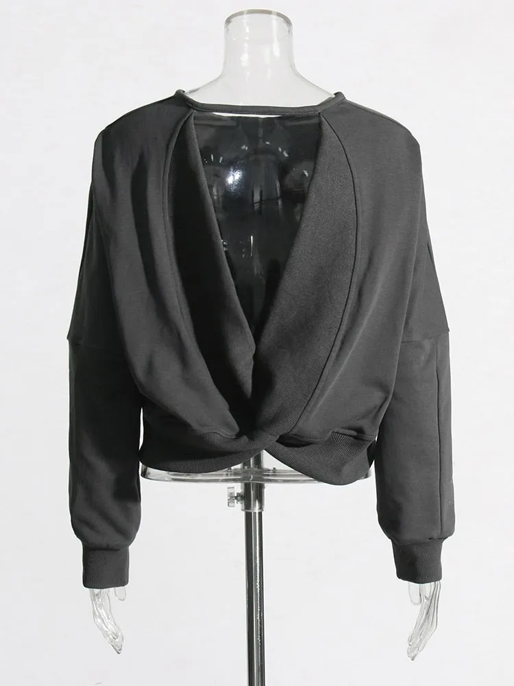 Solid Loose Casual Pullover Sweatshirt For Women Round Neck Long Sleeve Backless Crisscross Sweatshirt Female