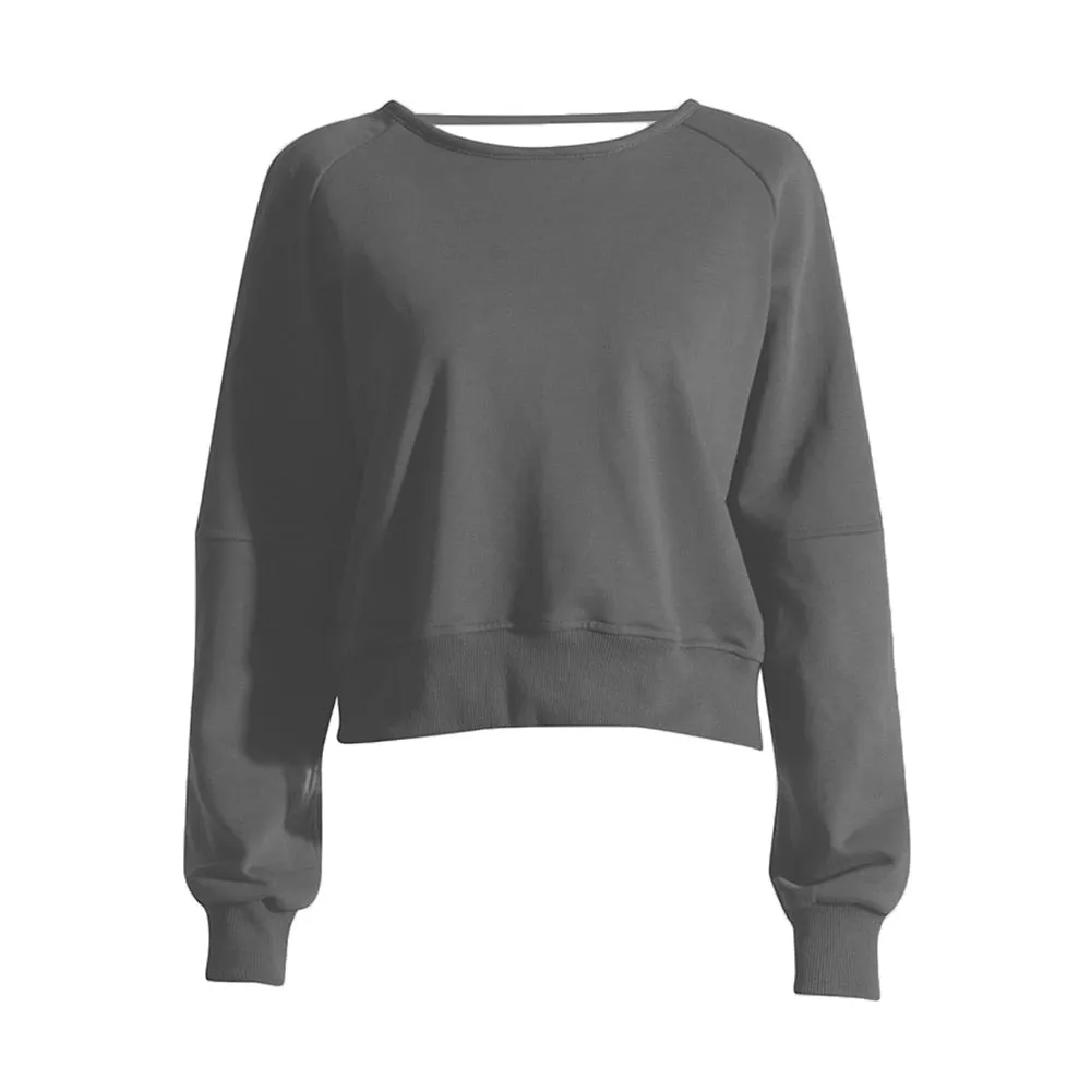 Solid Loose Casual Pullover Sweatshirt For Women Round Neck Long Sleeve Backless Crisscross Sweatshirt Female