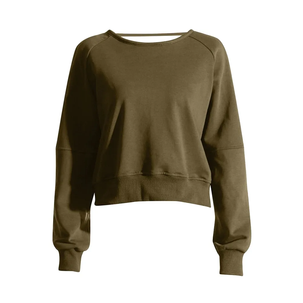 Solid Loose Casual Pullover Sweatshirt For Women Round Neck Long Sleeve Backless Crisscross Sweatshirt Female