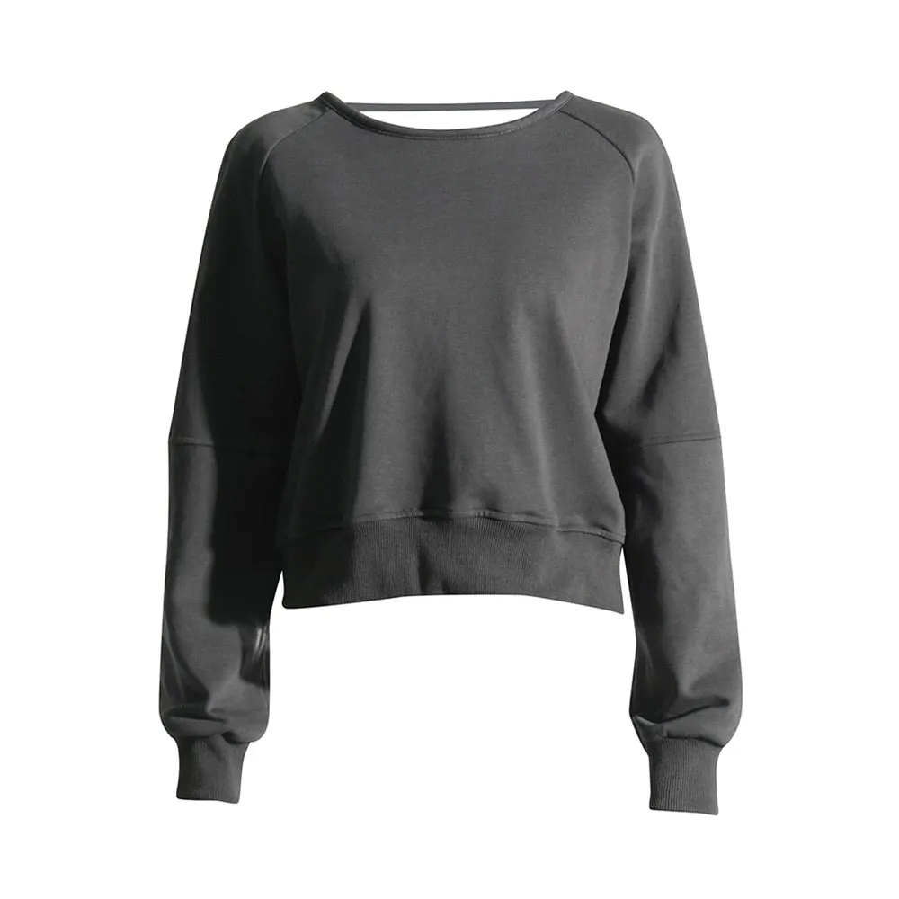 Solid Loose Casual Pullover Sweatshirt For Women Round Neck Long Sleeve Backless Crisscross Sweatshirt Female