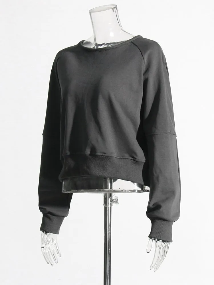 Solid Loose Casual Pullover Sweatshirt For Women Round Neck Long Sleeve Backless Crisscross Sweatshirt Female