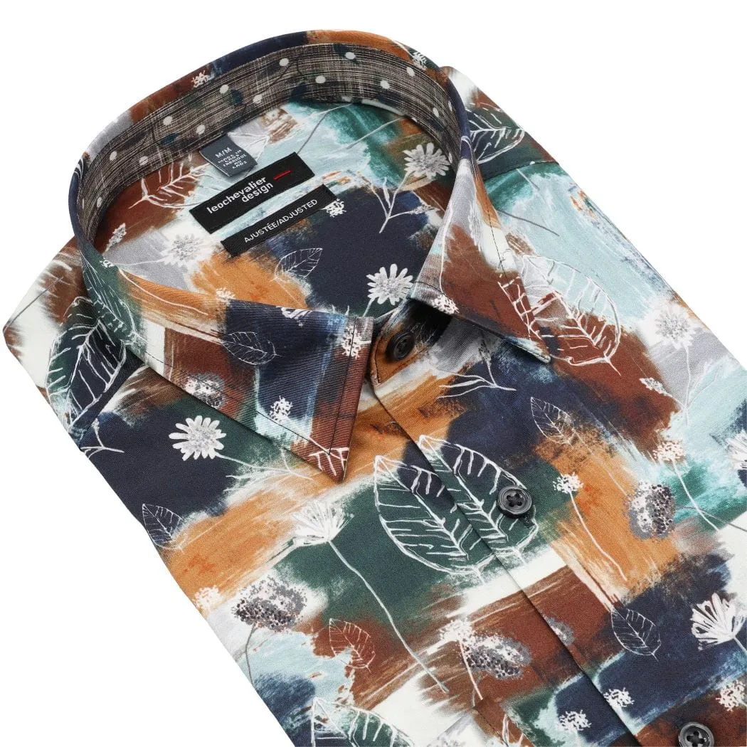 Stylish Bold Moss Print Men's Long Sleeve Hidden Button Slim Fit Shirt