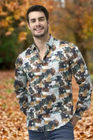 Stylish Bold Moss Print Men's Long Sleeve Hidden Button Slim Fit Shirt