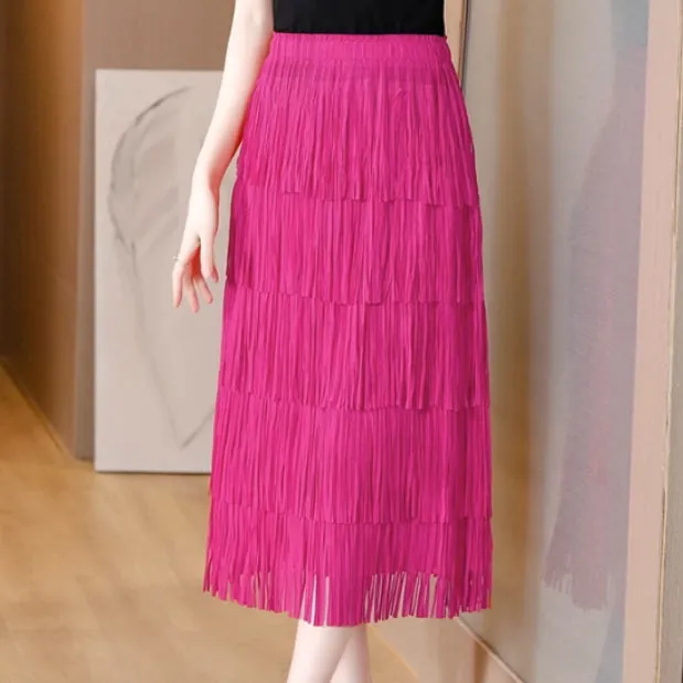Tea Length Fringe Bodycon Ruffle Cake Skirt