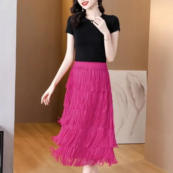 Tea Length Fringe Bodycon Ruffle Cake Skirt