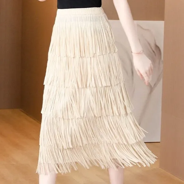 Tea Length Fringe Bodycon Ruffle Cake Skirt