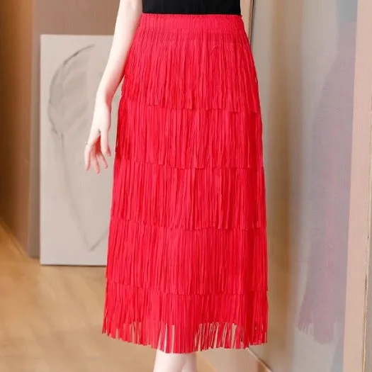 Tea Length Fringe Bodycon Ruffle Cake Skirt