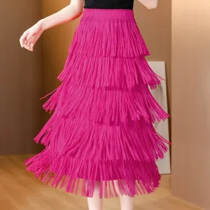 Tea Length Fringe Bodycon Ruffle Cake Skirt