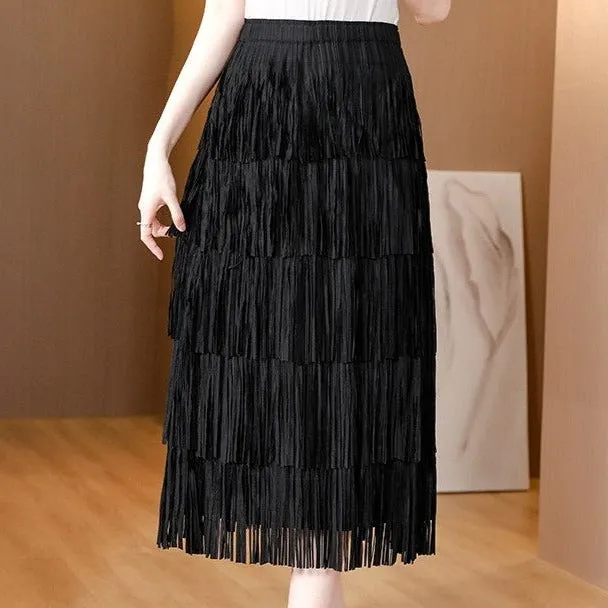 Tea Length Fringe Bodycon Ruffle Cake Skirt
