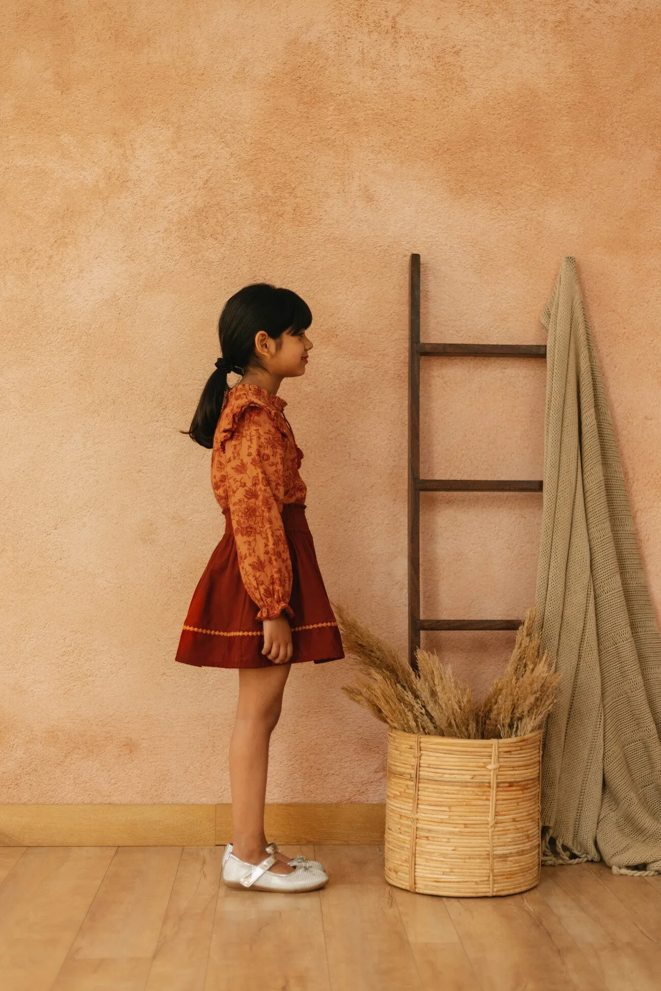 Tina Smocked Elasticated Velvet Girls Skirt - Orange