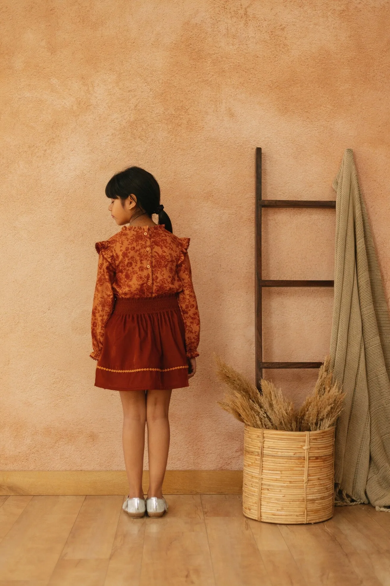 Tina Smocked Elasticated Velvet Girls Skirt - Orange