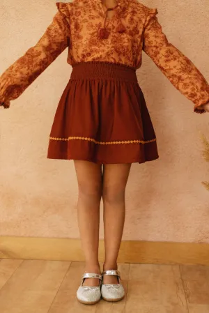 Tina Smocked Elasticated Velvet Girls Skirt - Orange