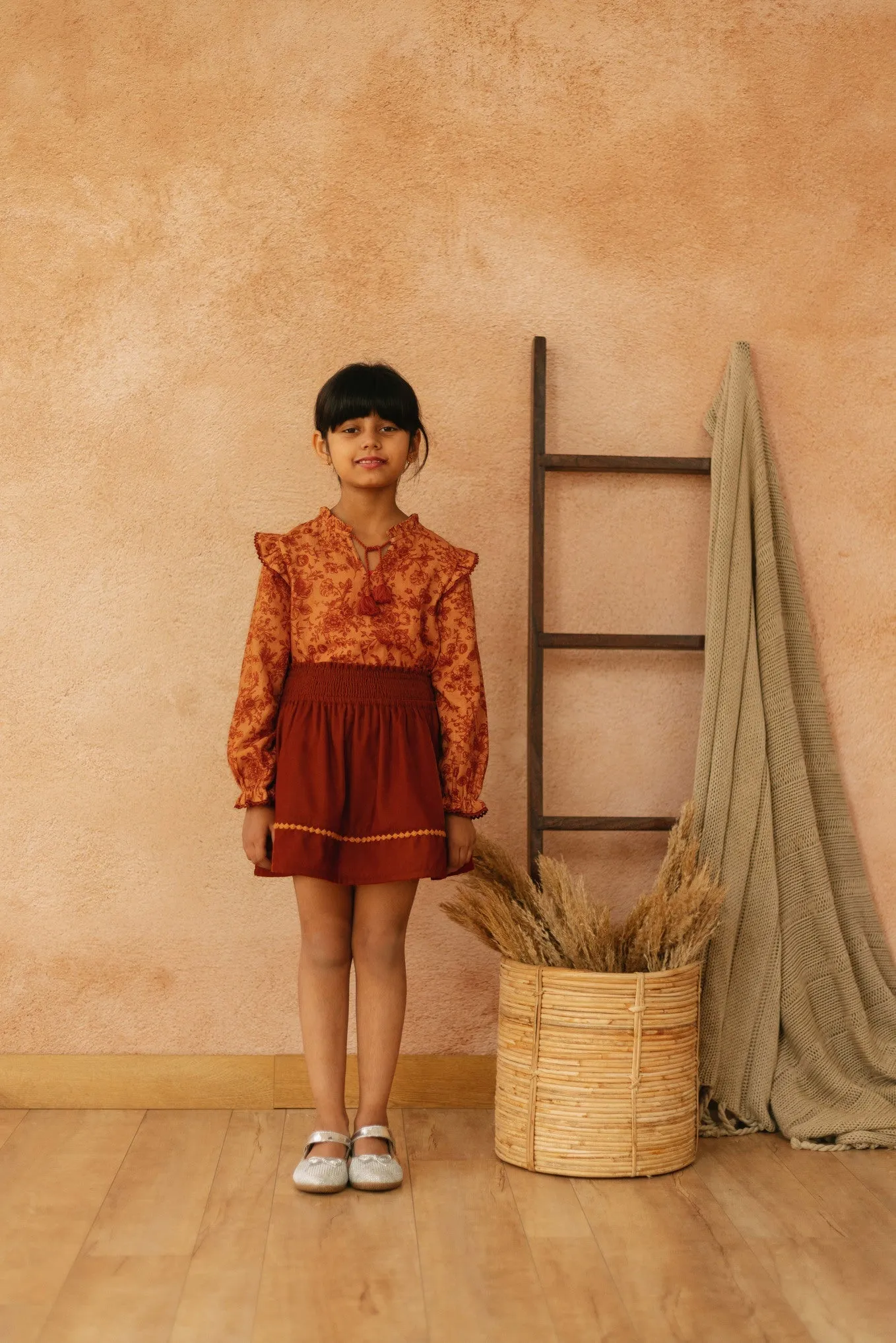 Tina Smocked Elasticated Velvet Girls Skirt - Orange
