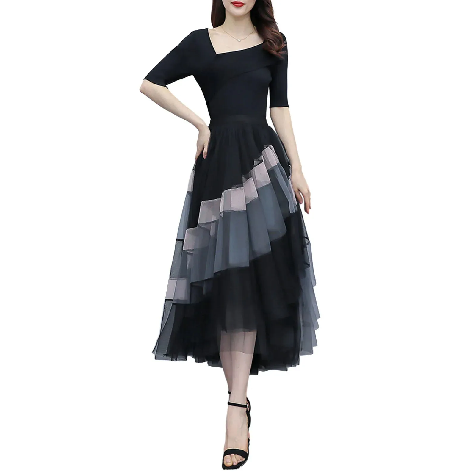 Tutu Long Multi-Layer Ruffled Elastic Slit Mesh Cocktail Party for Beach Streetwear Tulle Skirt