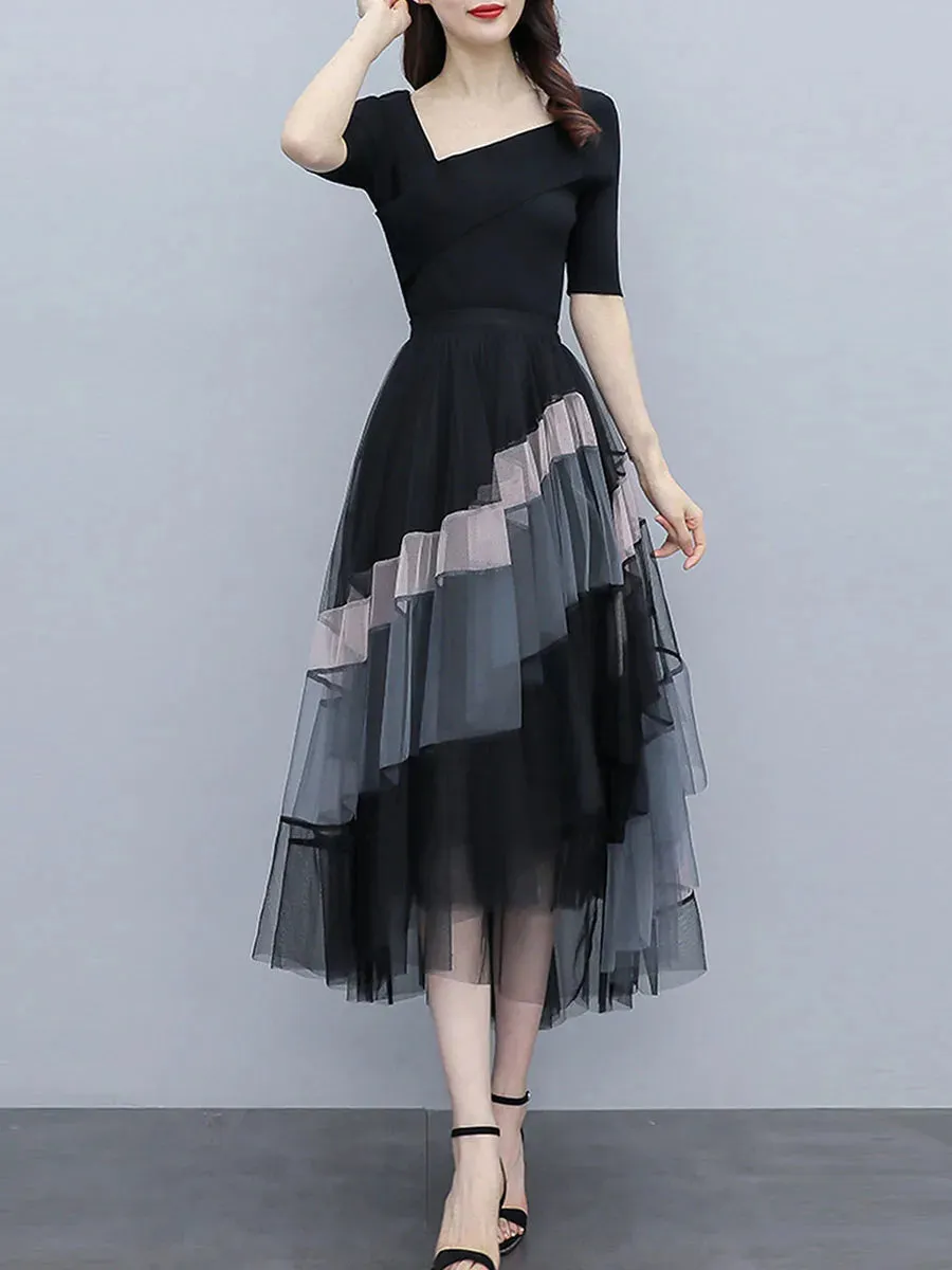 Tutu Long Multi-Layer Ruffled Elastic Slit Mesh Cocktail Party for Beach Streetwear Tulle Skirt