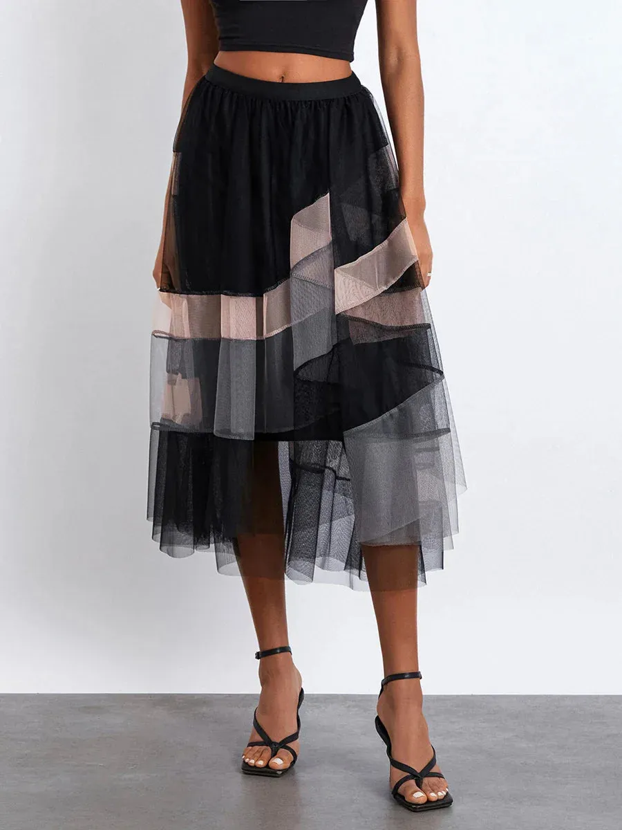 Tutu Long Multi-Layer Ruffled Elastic Slit Mesh Cocktail Party for Beach Streetwear Tulle Skirt