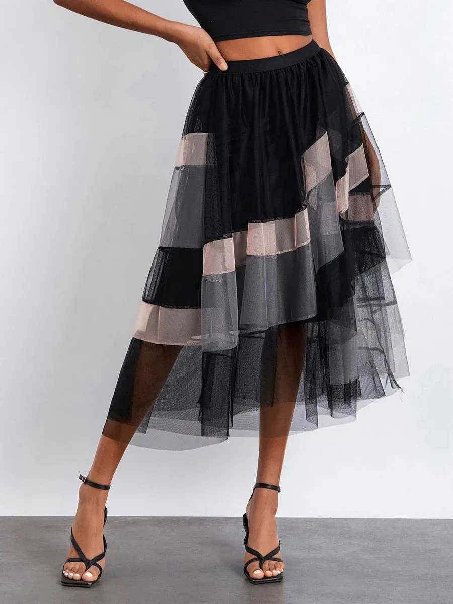 Tutu Long Multi-Layer Ruffled Elastic Slit Mesh Cocktail Party for Beach Streetwear Tulle Skirt