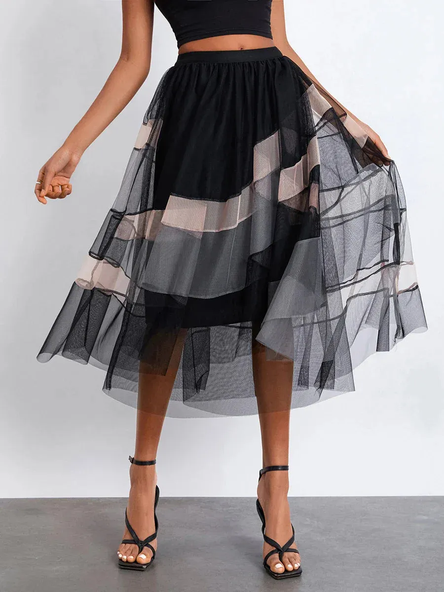 Tutu Long Multi-Layer Ruffled Elastic Slit Mesh Cocktail Party for Beach Streetwear Tulle Skirt