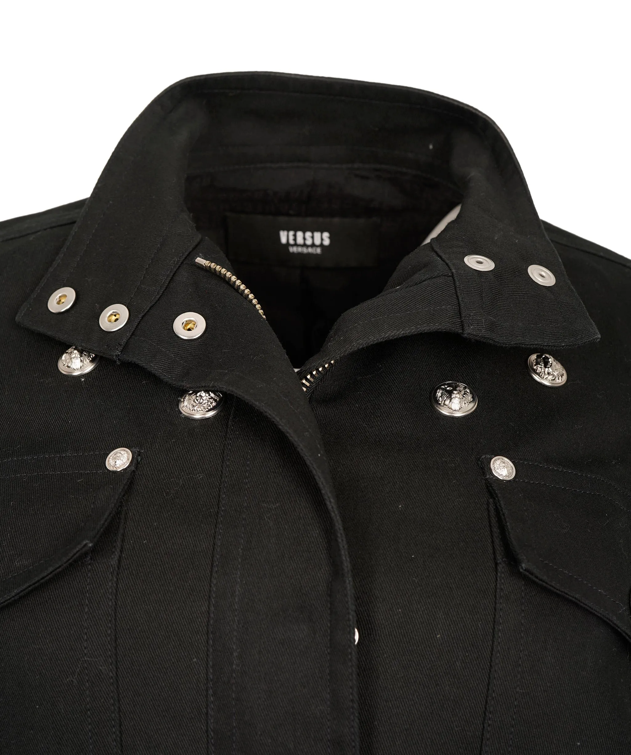 Versus Versace Vintage Black Cotton Lion-Hed Embellished Belted Trench Coat ALC2016