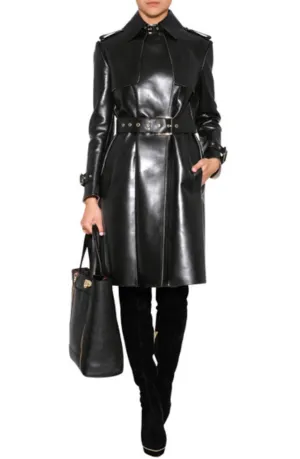 Viro Black Leather Long Trench Coat Women Outfit with Belt