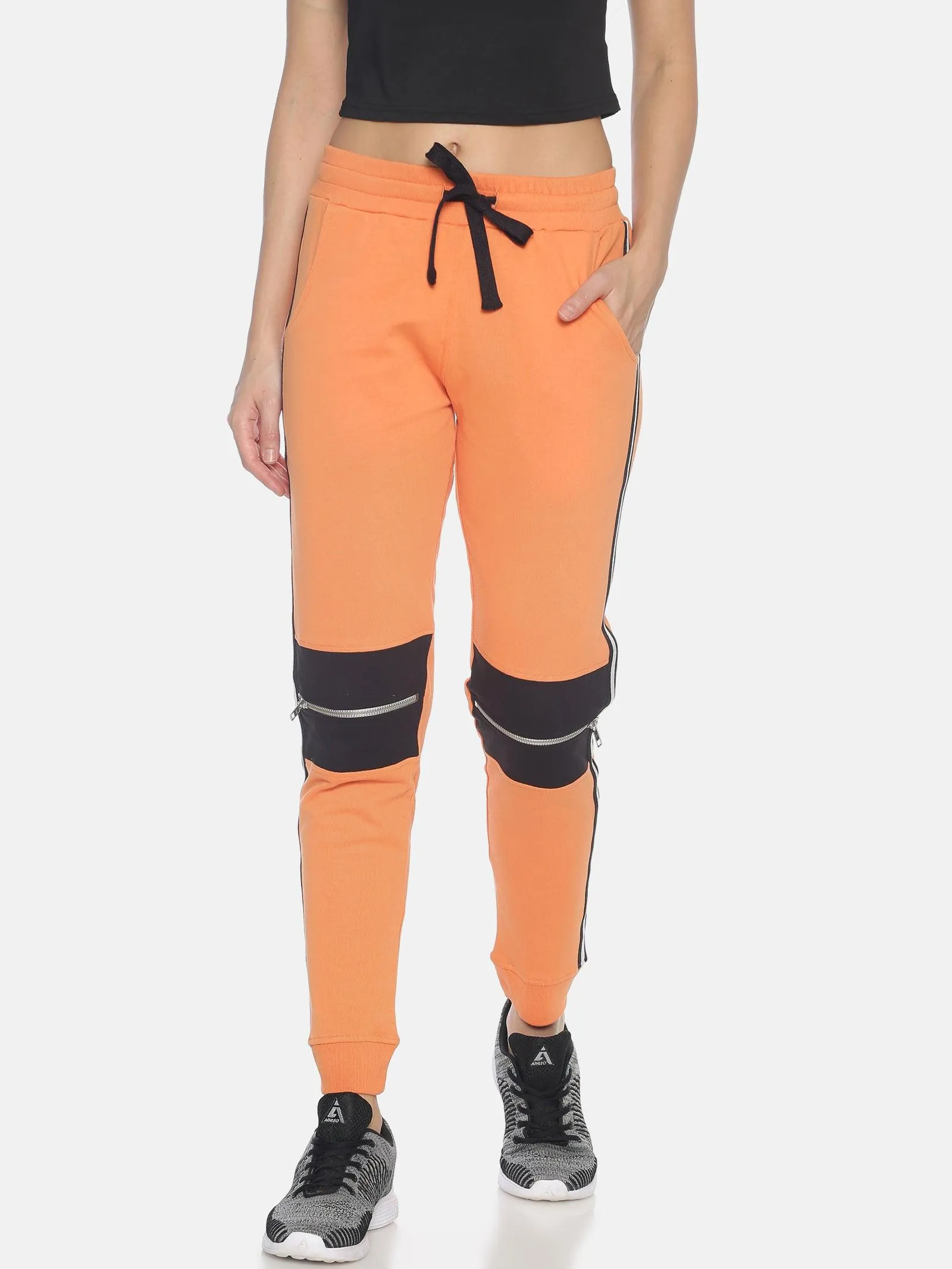 Women Slim Fit Solid Joggers with Side Tape & knee zipper