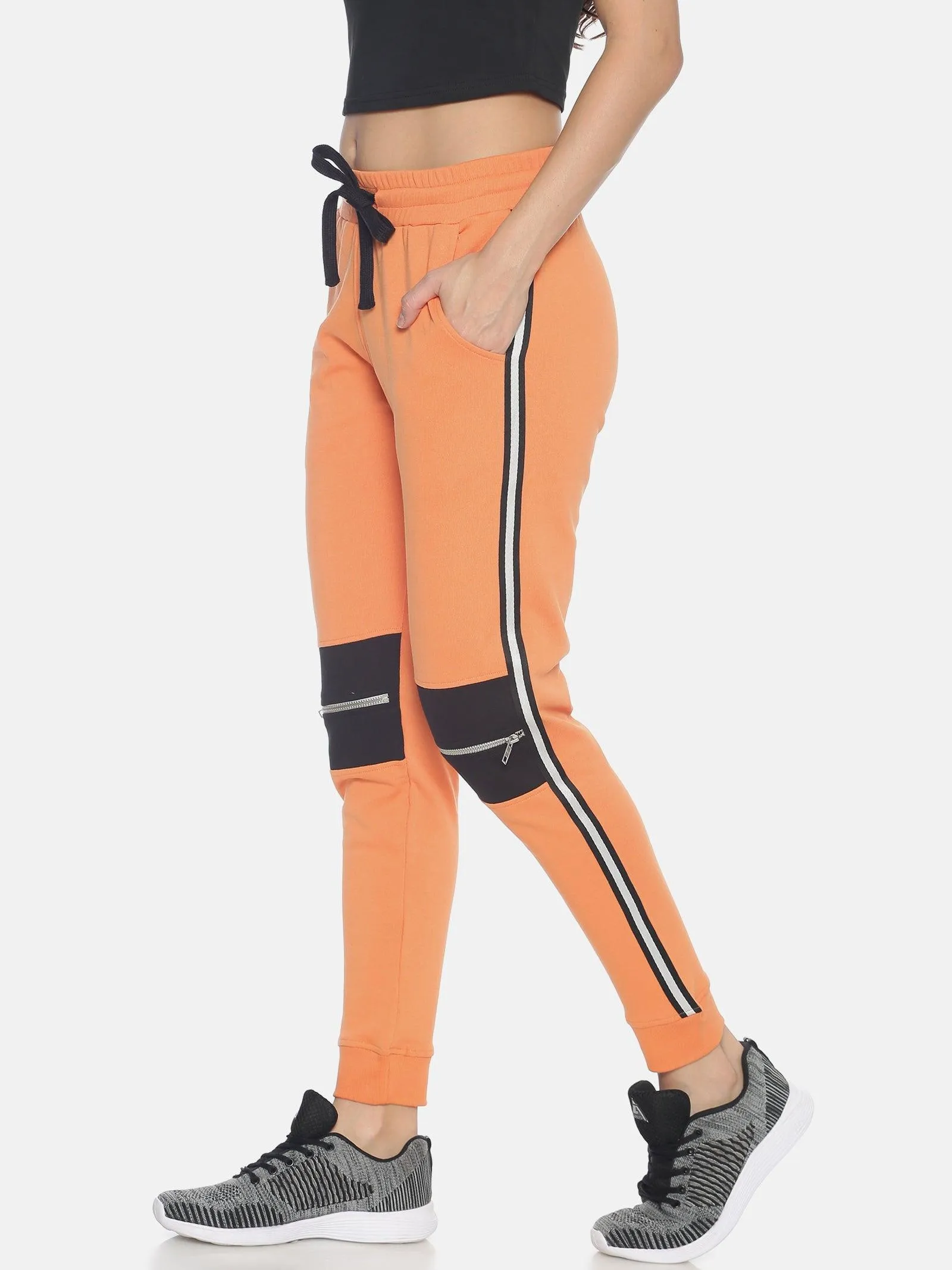 Women Slim Fit Solid Joggers with Side Tape & knee zipper
