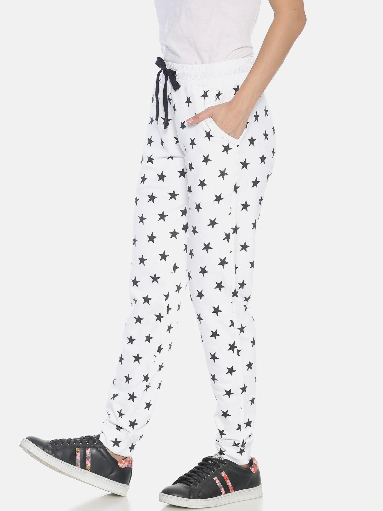 Women White Slim Fit Joggers with all over printed