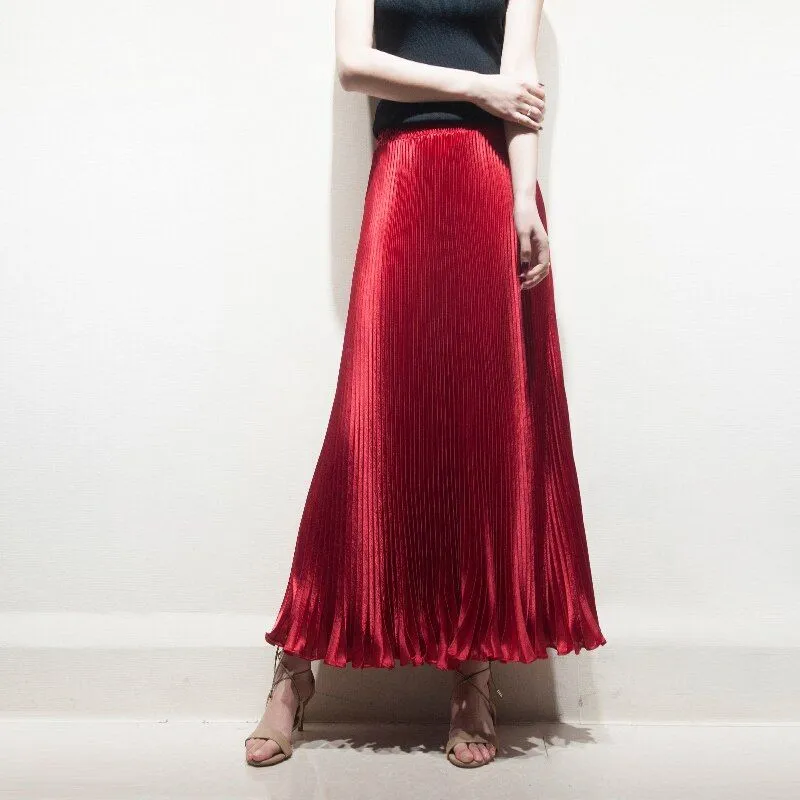 Women's Pleated Satin A-Line Long Skirts