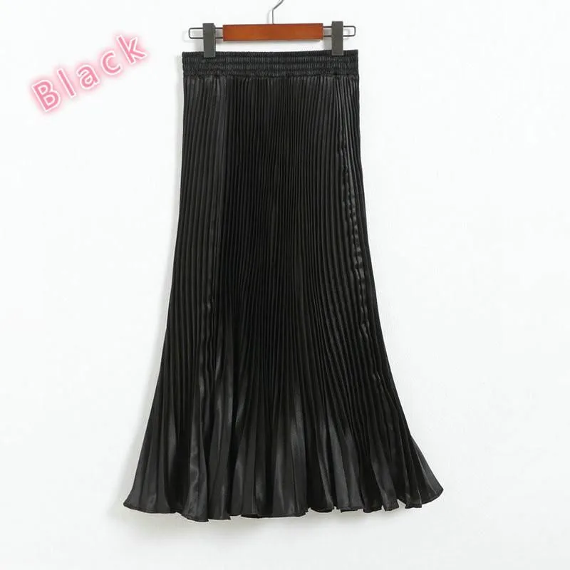 Women's Pleated Satin A-Line Long Skirts