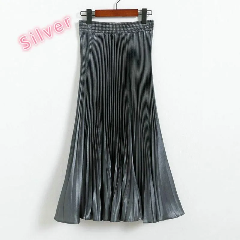 Women's Pleated Satin A-Line Long Skirts
