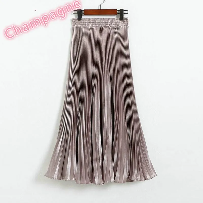 Women's Pleated Satin A-Line Long Skirts