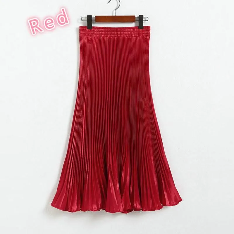 Women's Pleated Satin A-Line Long Skirts