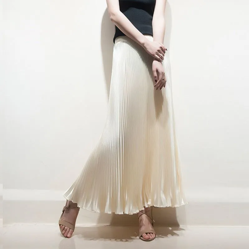 Women's Pleated Satin A-Line Long Skirts