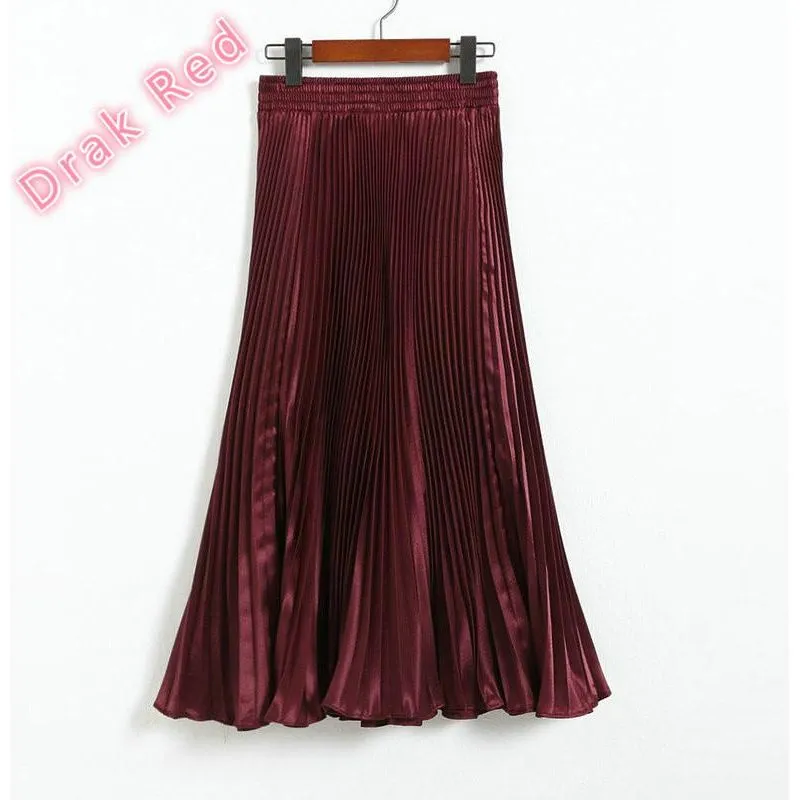 Women's Pleated Satin A-Line Long Skirts