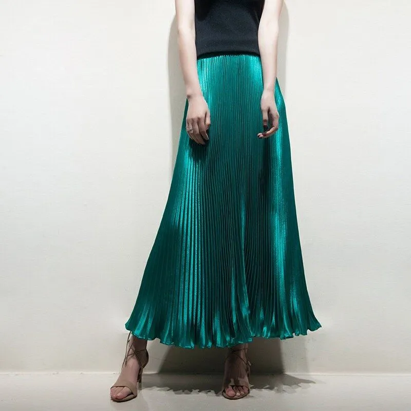 Women's Pleated Satin A-Line Long Skirts