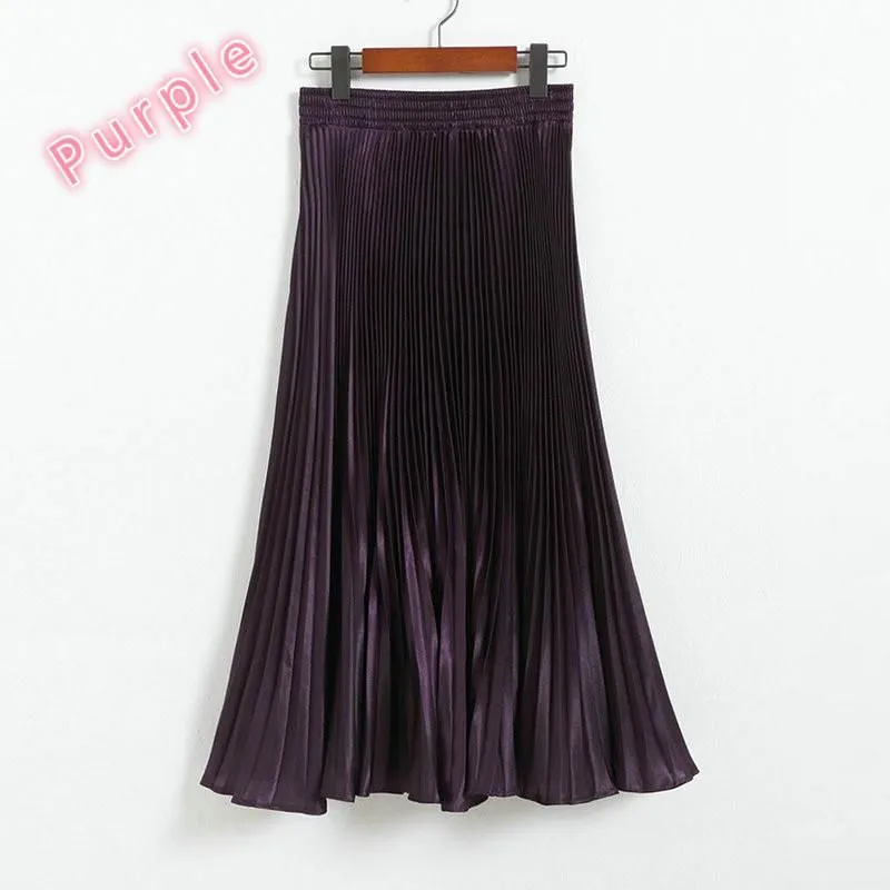Women's Pleated Satin A-Line Long Skirts
