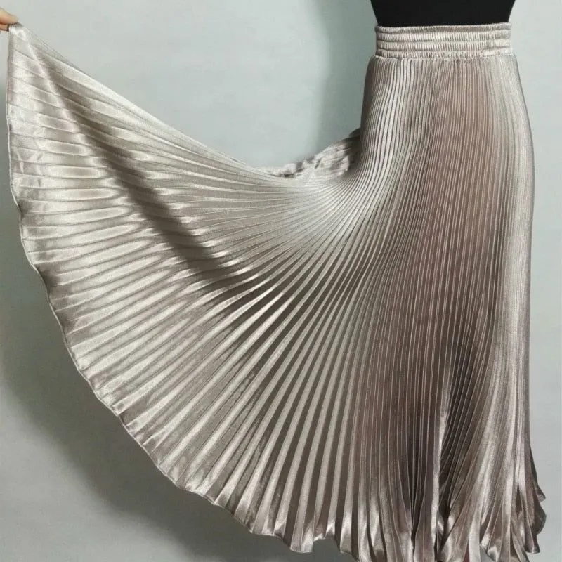 Women's Pleated Satin A-Line Long Skirts