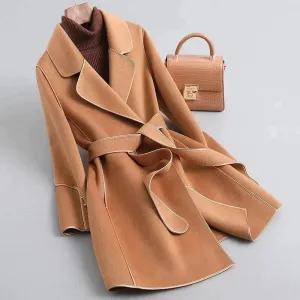 Women's Stylish Mid-Length Wool Coat with Belt | Ideal for Autumn/Winter
