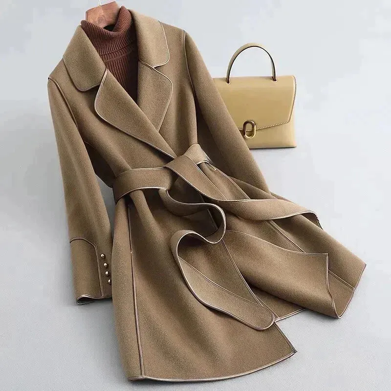 Women's Stylish Mid-Length Wool Coat with Belt | Ideal for Autumn/Winter