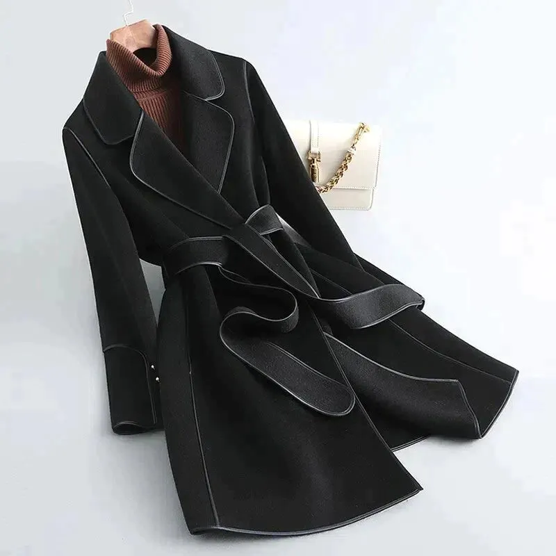 Women's Stylish Mid-Length Wool Coat with Belt | Ideal for Autumn/Winter