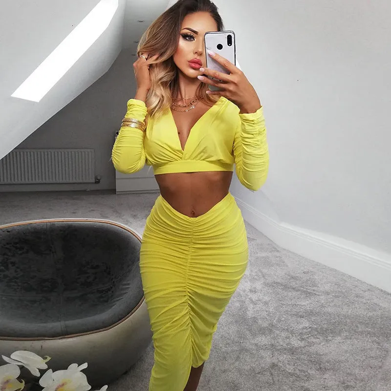 Women's V-Neck Elastic Sheath Two-Piece Dress