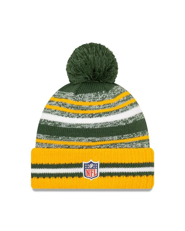 Youth Green Bay Packers New Era 2021 NFL Sideline - Sport Official Pom Cuffed Knit Hat - Yellow/Green